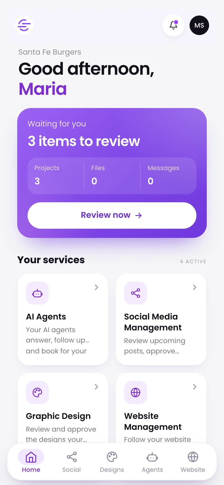 The client home screen