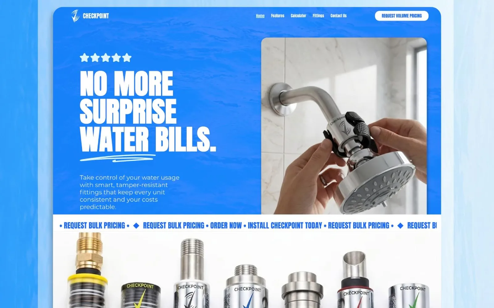 Checkpoint — water-saving fittings website with a savings calculator, built by Edilab