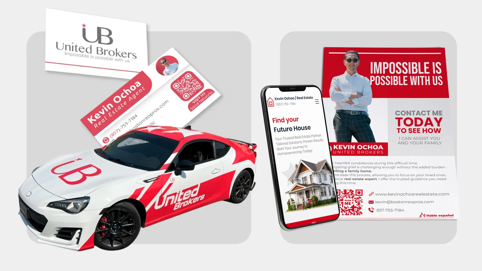 United Brokers — brand identity, business cards, website and car wrap for Kevin Ochoa